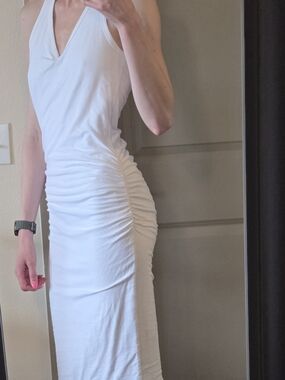 James Perse White Ruched Halter Knit Midi Dress